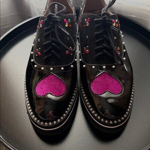Betsey Johnson Black Embellished Oxford Shoes with Pink Heart
